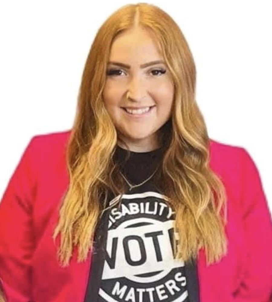 photo of Stevie wearing a disability matters vote t shirt